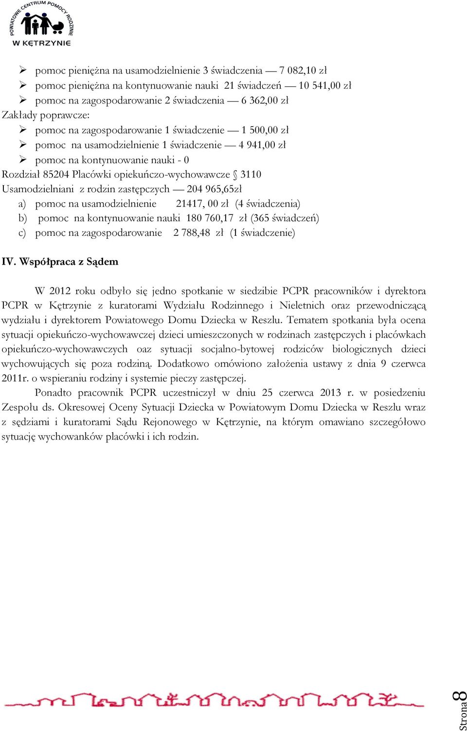 Usamodzielniani z rodzin zastępczych 204 965,65zł a) pomoc na usamodzielnienie 21417, 00 zł (4 świadczenia) b) pomoc na kontynuowanie nauki 180 760,17 zł (365 świadczeń) c) pomoc na zagospodarowanie