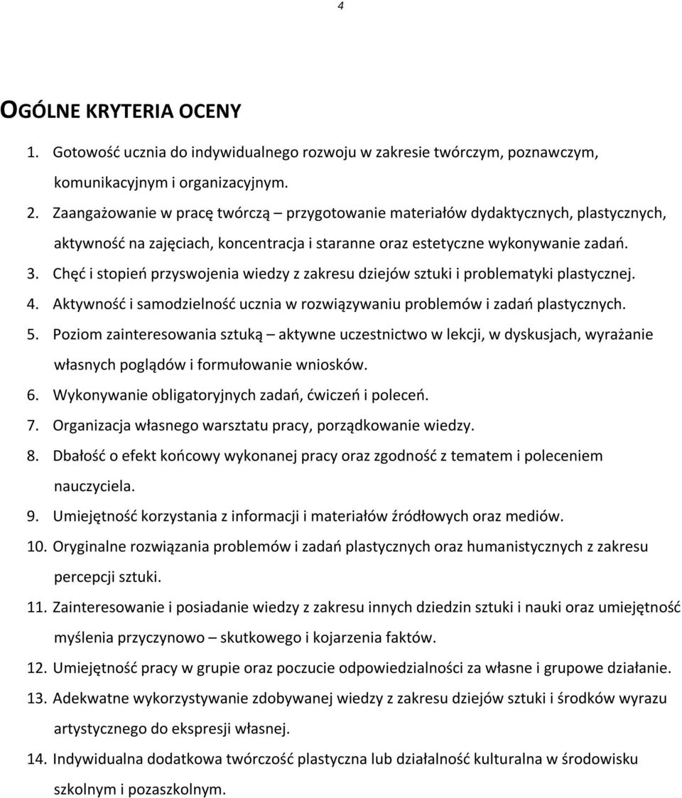 Chęć i stopień przyswojenia wiedzy z zakresu dziejów sztuki i problematyki plastycznej. 4. Aktywność i samodzielność ucznia w rozwiązywaniu problemów i zadań plastycznych. 5.