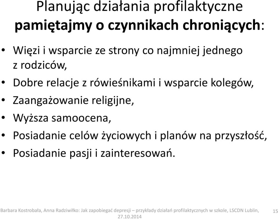 rówieśnikami i wsparcie kolegów, Zaangażowanie religijne, Wyższa samoocena,