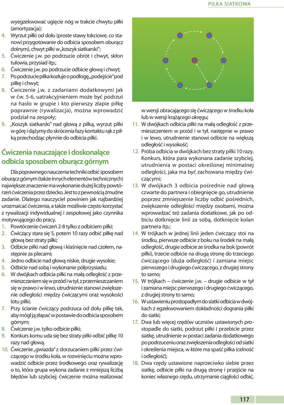 ; 6. Ćwiczenie j.w. po podrzucie odbicie głową i chwyt; 7. Po podrzucie piłka kozłuje o podłogę, podejście pod piłkę i chwyt; 8. Ćwiczenie j.w. z zadaniami dodatkowymi jak w ćw.