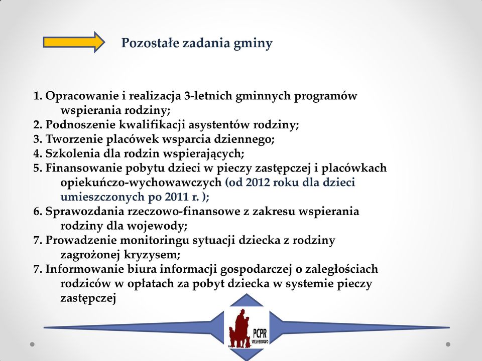 Finansowanie pobytu dzieci w pieczy zastępczej i placówkach opiekuńczo-wychowawczych (od 2012 roku dla dzieci umieszczonych po 2011 r. ); 6.