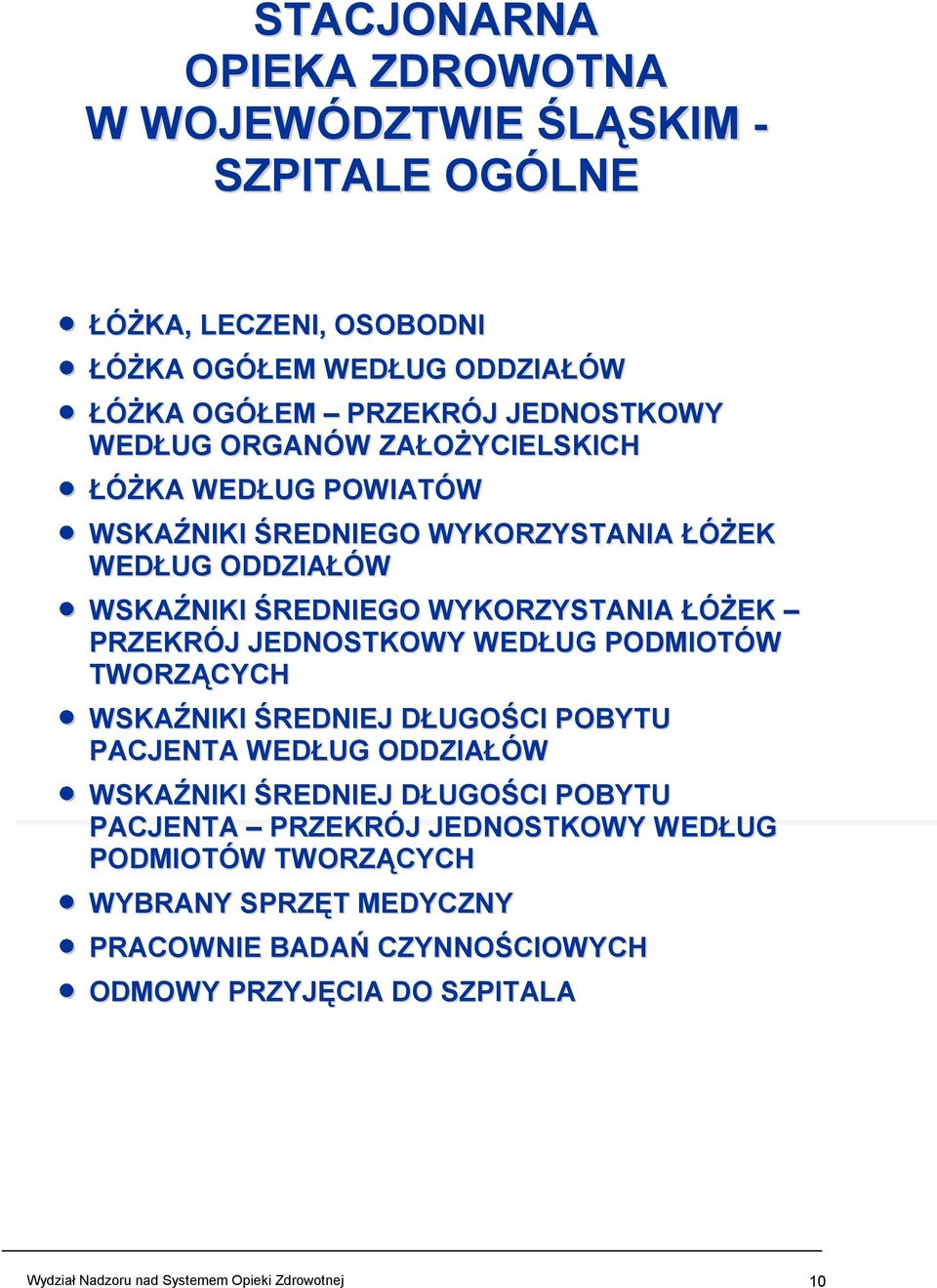 JEDNOSTKOWY WEDŁUG PODMIOTÓW TWORZĄCYCH WSKAŹNIKI ŚREDNIEJ DŁUGOŚCI POBYTU PACJENTA WEDŁUG ODDZIAŁÓW WSKAŹNIKI ŚREDNIEJ DŁUGOŚCI POBYTU PACJENTA PRZEKRÓJ