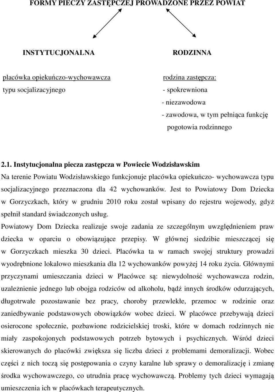 Instytucjonalna piecza zastępcza w Powiecie Wodzisławskim Na terenie Powiatu Wodzisławskiego funkcjonuje placówka opiekuńczo- wychowawcza typu socjalizacyjnego przeznaczona dla 42 wychowanków.