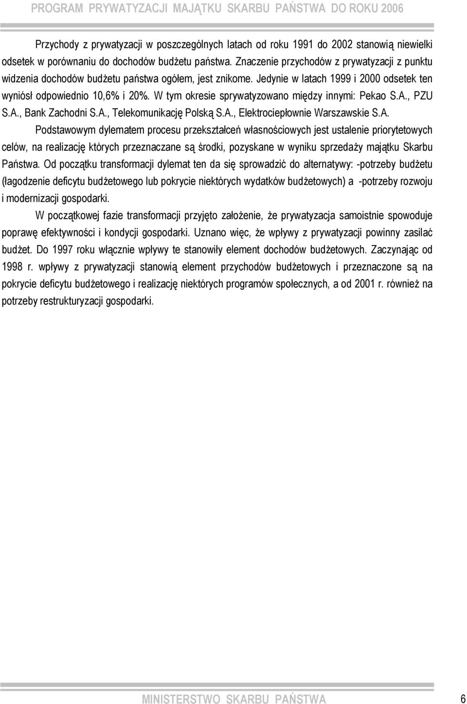 W tym okresie sprywatyzowano między innymi: Pekao S.A.