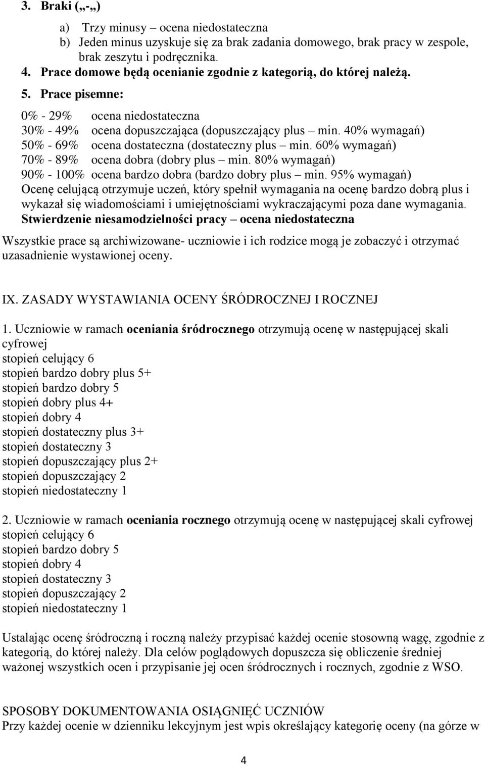 40% wymagań) 50% - 69% ocena dostateczna (dostateczny plus min. 60% wymagań) 70% - 89% ocena dobra (dobry plus min. 80% wymagań) 90% - 100% ocena bardzo dobra (bardzo dobry plus min.