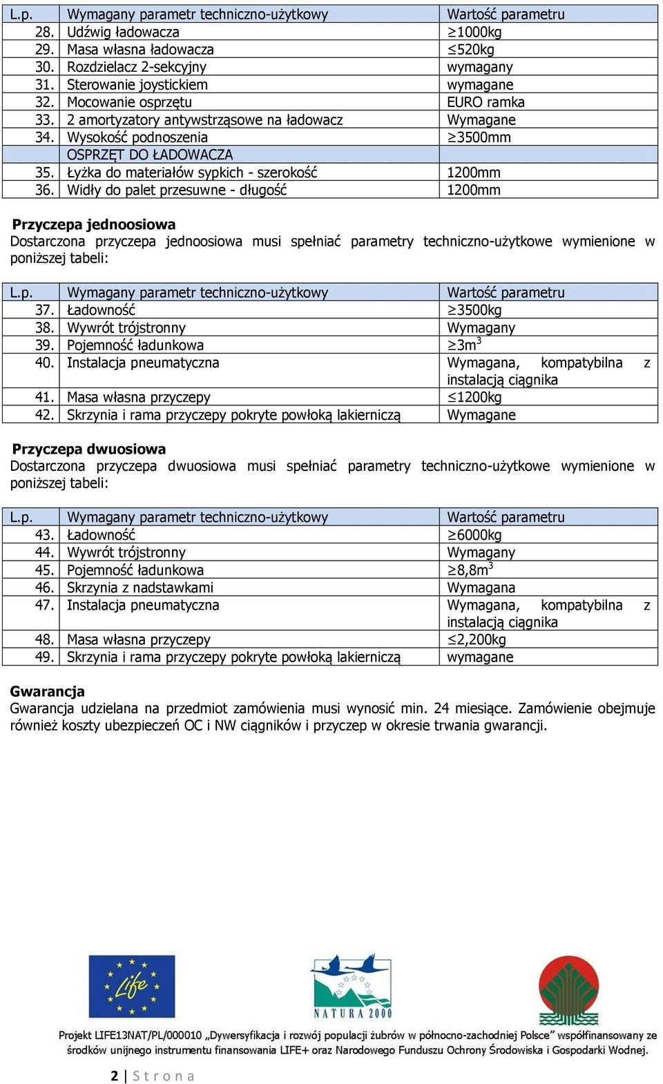 Widły do palet przesuwne - długość 1200mm Przyczepa jednoosiowa Dostarczona przyczepa jednoosiowa musi spełniać parametry techniczno-użytkowe wymienione w poniższej tabeli: L.p. Wymagany parametr techniczno-użytkowy parametru 37.