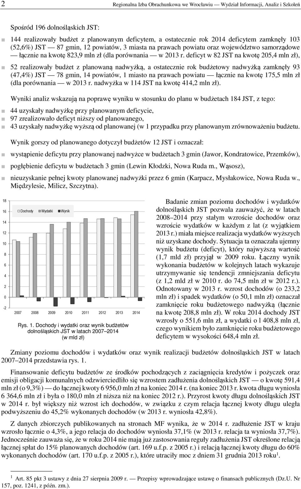 deficyt w 82 JST na kwotę 205,4 mln zł), 52 realizowały budżet z planowaną nadwyżką, a ostatecznie rok budżetowy nadwyżką zamknęły 93 (47,4%) JST 78 gmin, 14 powiatów, 1 miasto na prawach powiatu