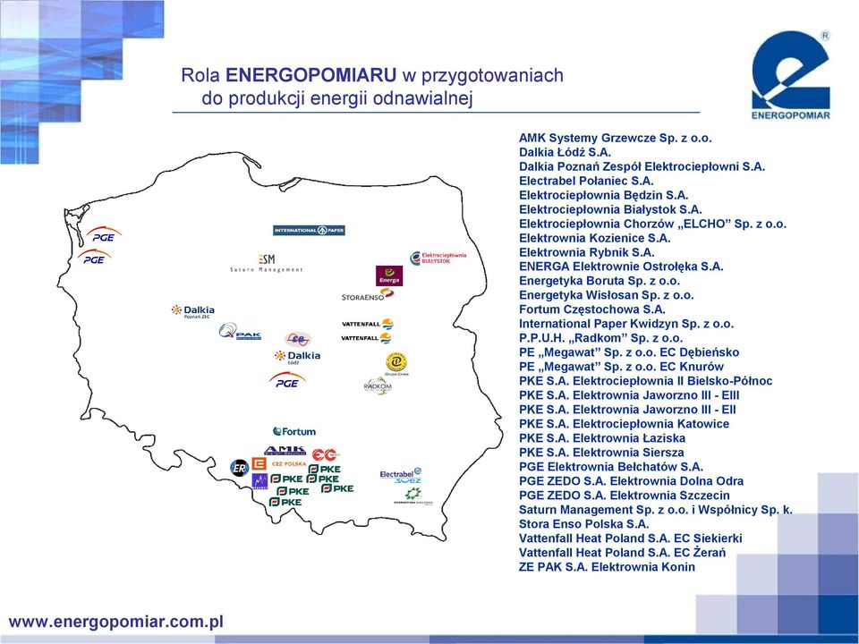 z o.o. Fortum Częstochowa S.A. International Paper Kwidzyn Sp. z o.o. P.P.U.H. Radkom Sp. z o.o. PE Megawat Sp. z o.o. EC Dębieńsko PE Megawat Sp. z o.o. EC Knurów PKE S.A. Elektrociepłownia II Bielsko-Północ PKE S.
