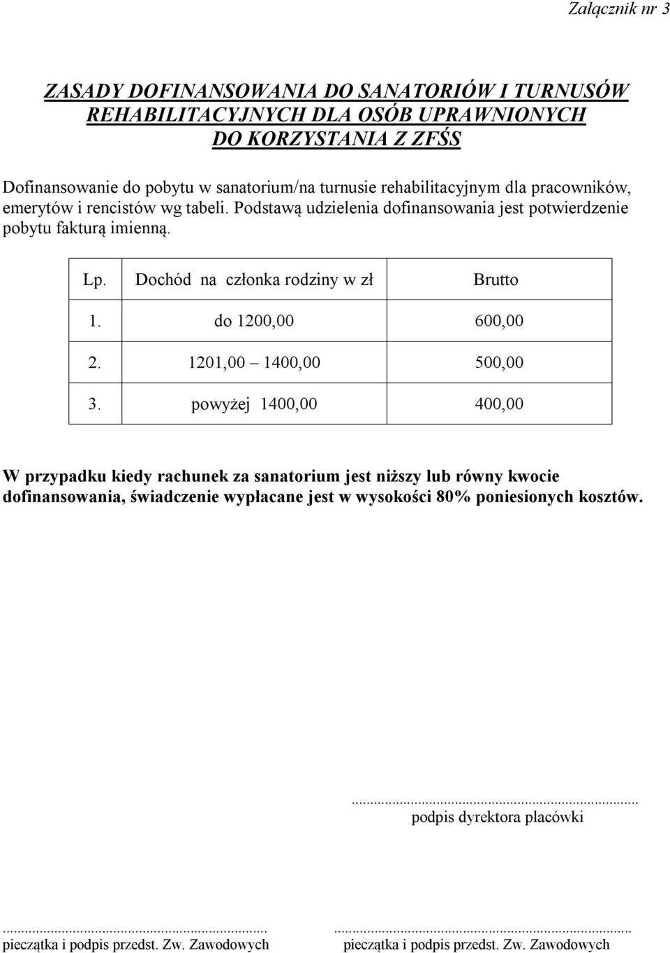Dochód na członka rodziny w zł Brutto 1. do 1200,00 600,00 2. 1201,00 1400,00 500,00 3.