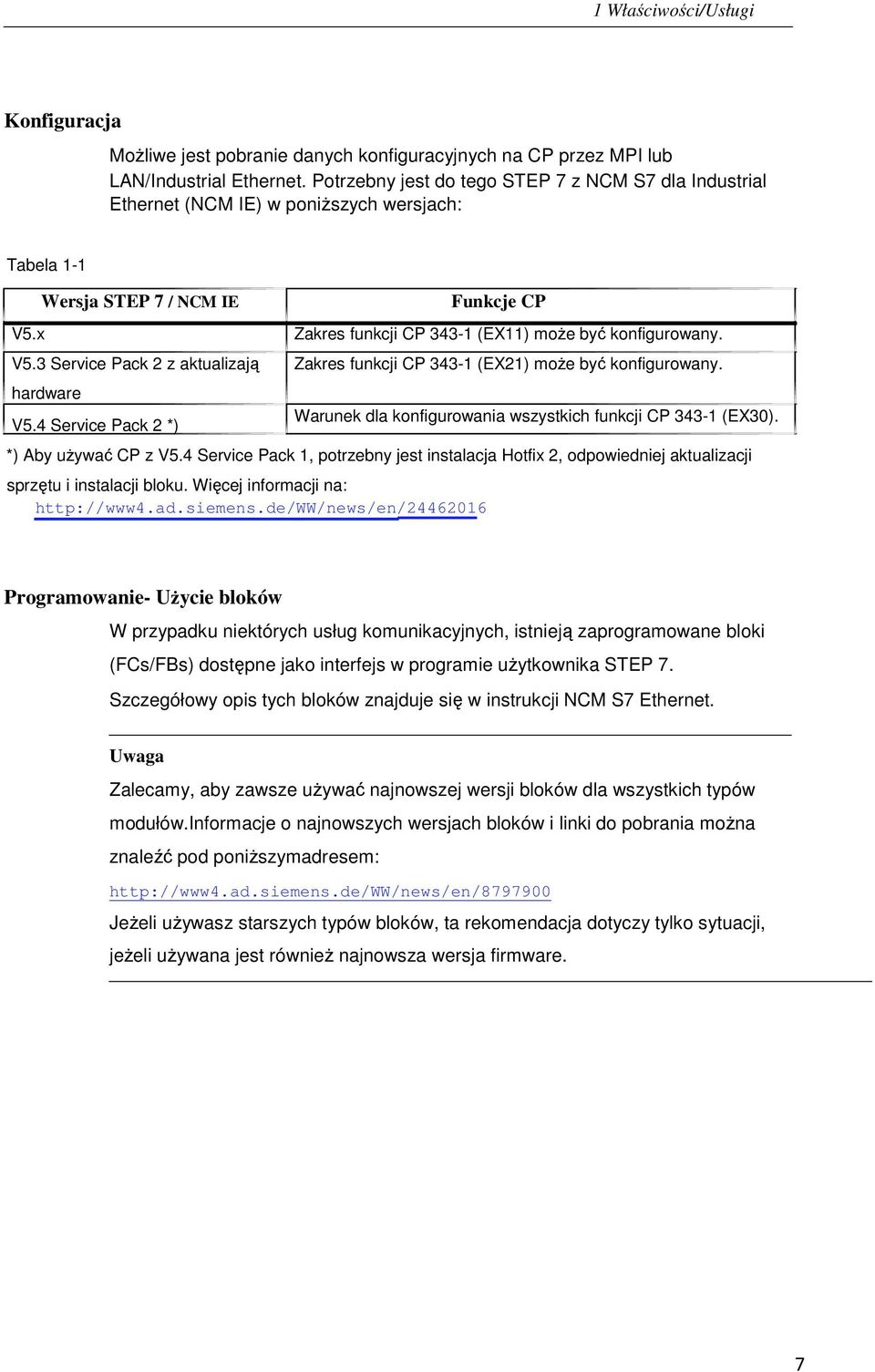 4 Service Pack 2 *) Funkcje CP Zakres funkcji CP 343-1 (EX11) może być konfigurowany. Zakres funkcji CP 343-1 (EX21) może być konfigurowany.