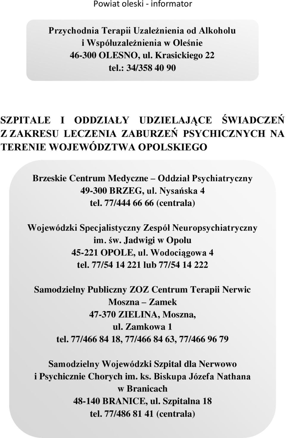 Nysańska 4 tel. 77/444 66 66 (centrala) Wojewódzki Specjalistyczny Zespół Neuropsychiatryczny im. św. Jadwigi w Opolu 45-221 OPOLE, ul. Wodociągowa 4 tel.