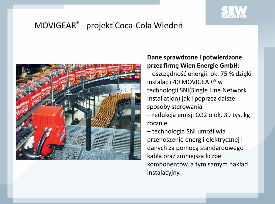 75 % dzięki instalacji 40 MOVIGEAR w technologii SNI(Single Line Network Installation) jak i poprzez dalsze sposoby