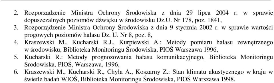 : Metody pomiaru hałasu zewnętrznego w środowisku, Biblioteka Monitoringu Środowiska, PIOŚ Warszawa 1996, 5. Kucharski R.