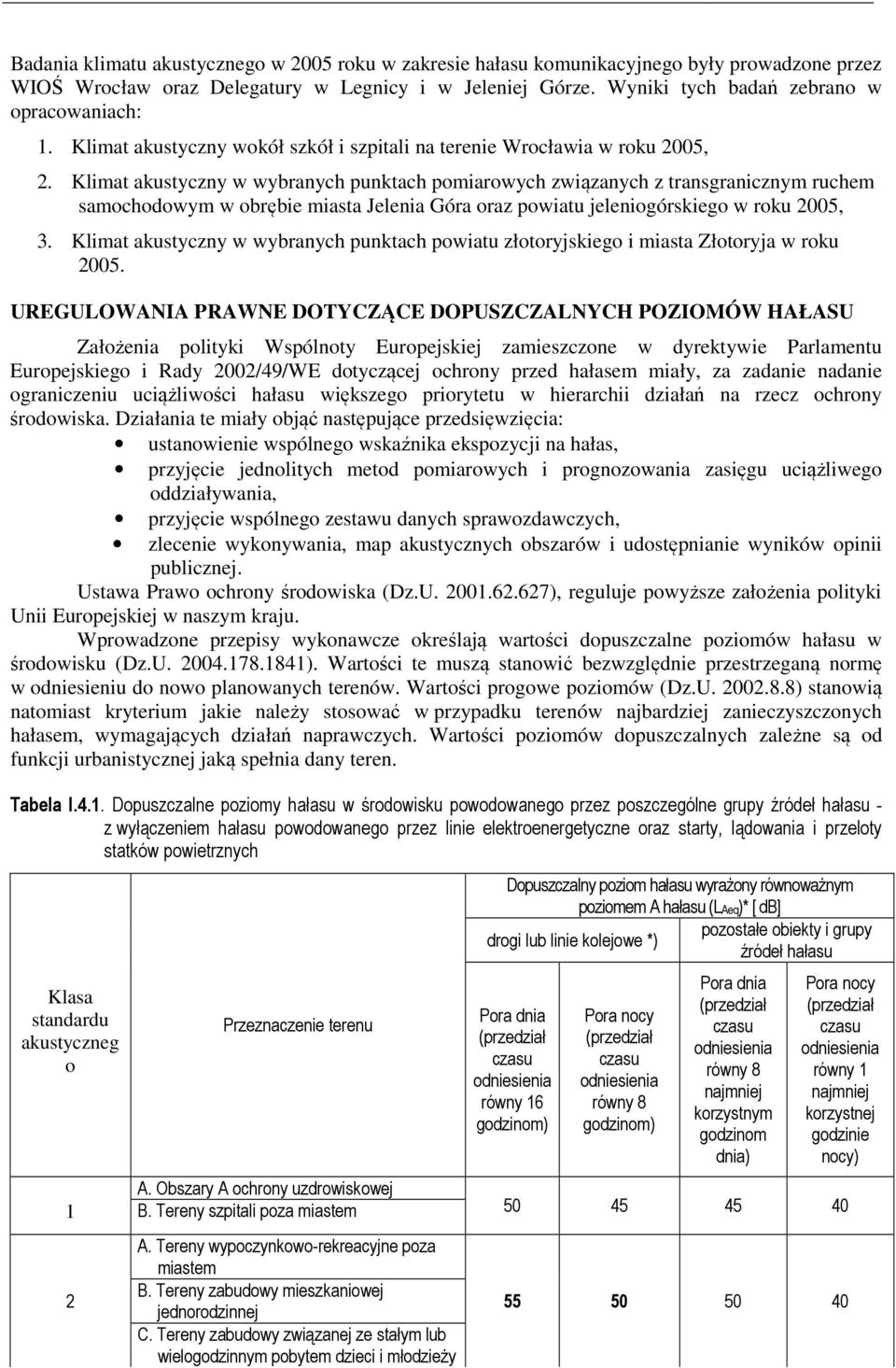 Klimat akustyczny w wybranych punktach pomiarowych związanych z transgranicznym ruchem samochodowym w obrębie miasta Jelenia Góra oraz powiatu jeleniogórskiego w roku 2005, 3.