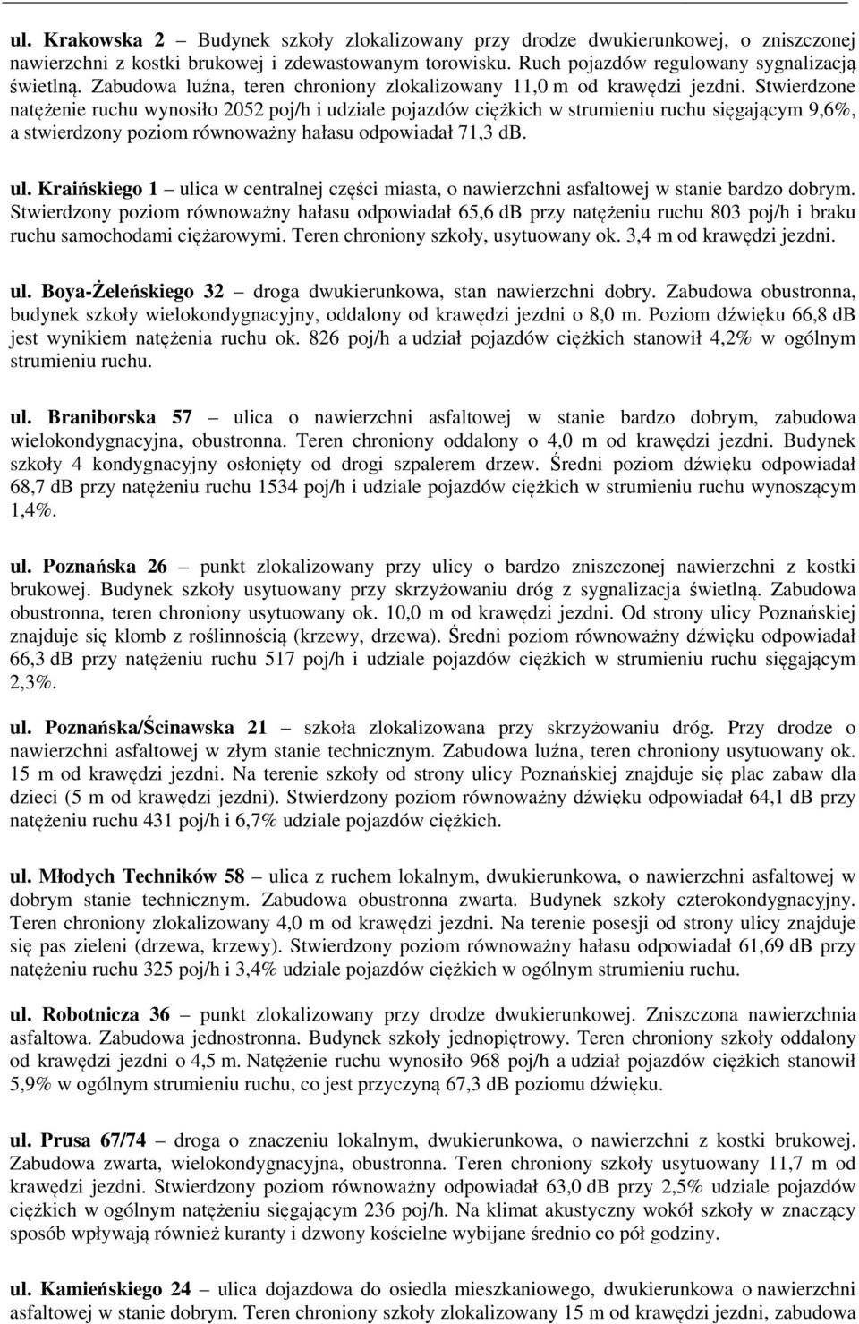 Stwierdzone natężenie ruchu wynosiło 2052 poj/h i udziale pojazdów ciężkich w strumieniu ruchu sięgającym 9,6%, a stwierdzony poziom równoważny hałasu odpowiadał 71,3 db. ul.