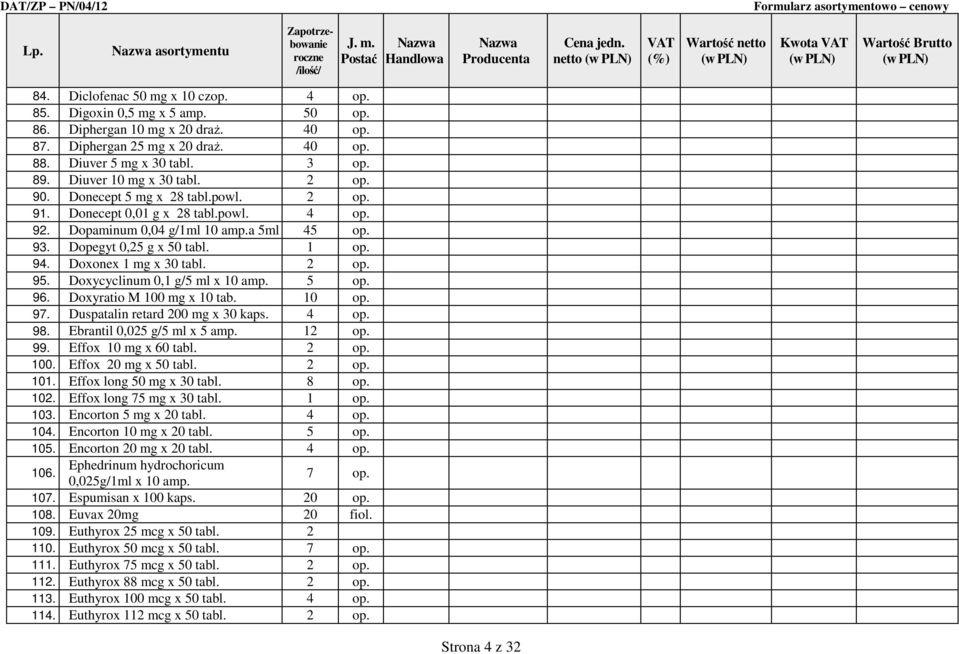 1 op. 94. Doxonex 1 mg x 30 tabl. 2 op. 95. Doxycyclinum 0,1 g/5 ml x 10 amp. 5 op. 96. Doxyratio M 100 mg x 10 tab. 10 op. 97. Duspatalin retard 200 mg x 30 kaps. 4 op. 98.
