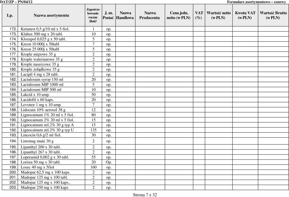 Lactulosum syrop 150 ml 20 op. 183. Lactulosum MIP 1000 ml 5 op. 184. Lactulosum MIP 500 ml 10 op. 185. Lakcid x 10 amp. 50 op. 186. Lacidofil x 60 kaps. 20 op. 187. Levonor 1 mg x 10 amp. 7 op. 188.