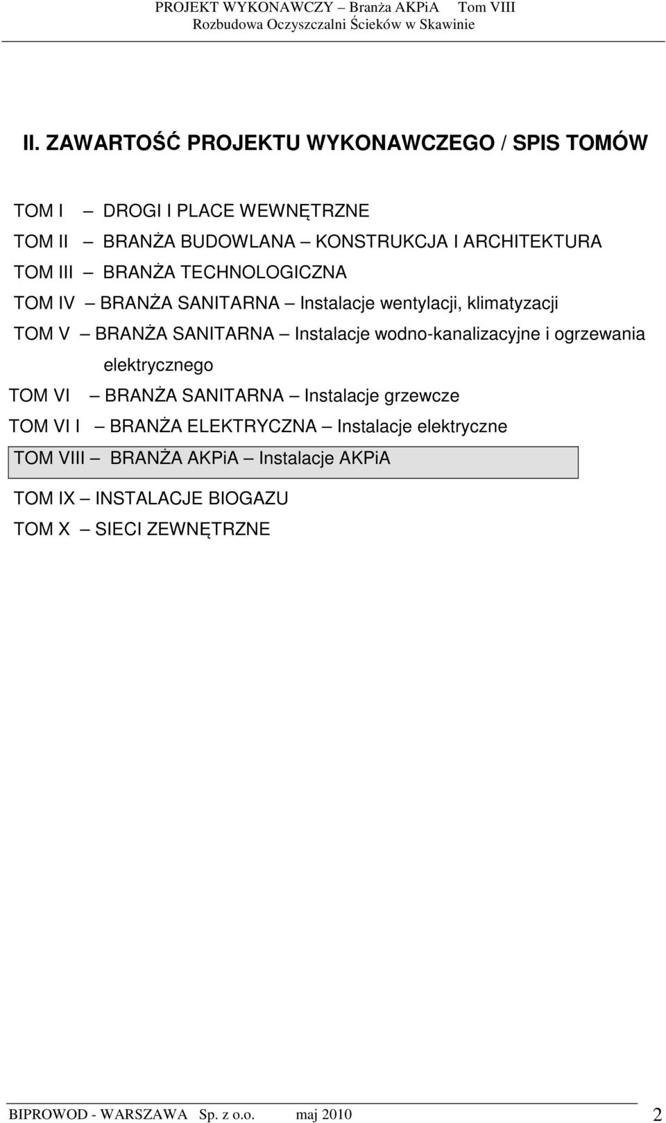 wodno-kanalizacyjne i ogrzewania elektrycznego TOM VI BRANŻA SANITARNA Instalacje grzewcze TOM VI I BRANŻA ELEKTRYCZNA Instalacje