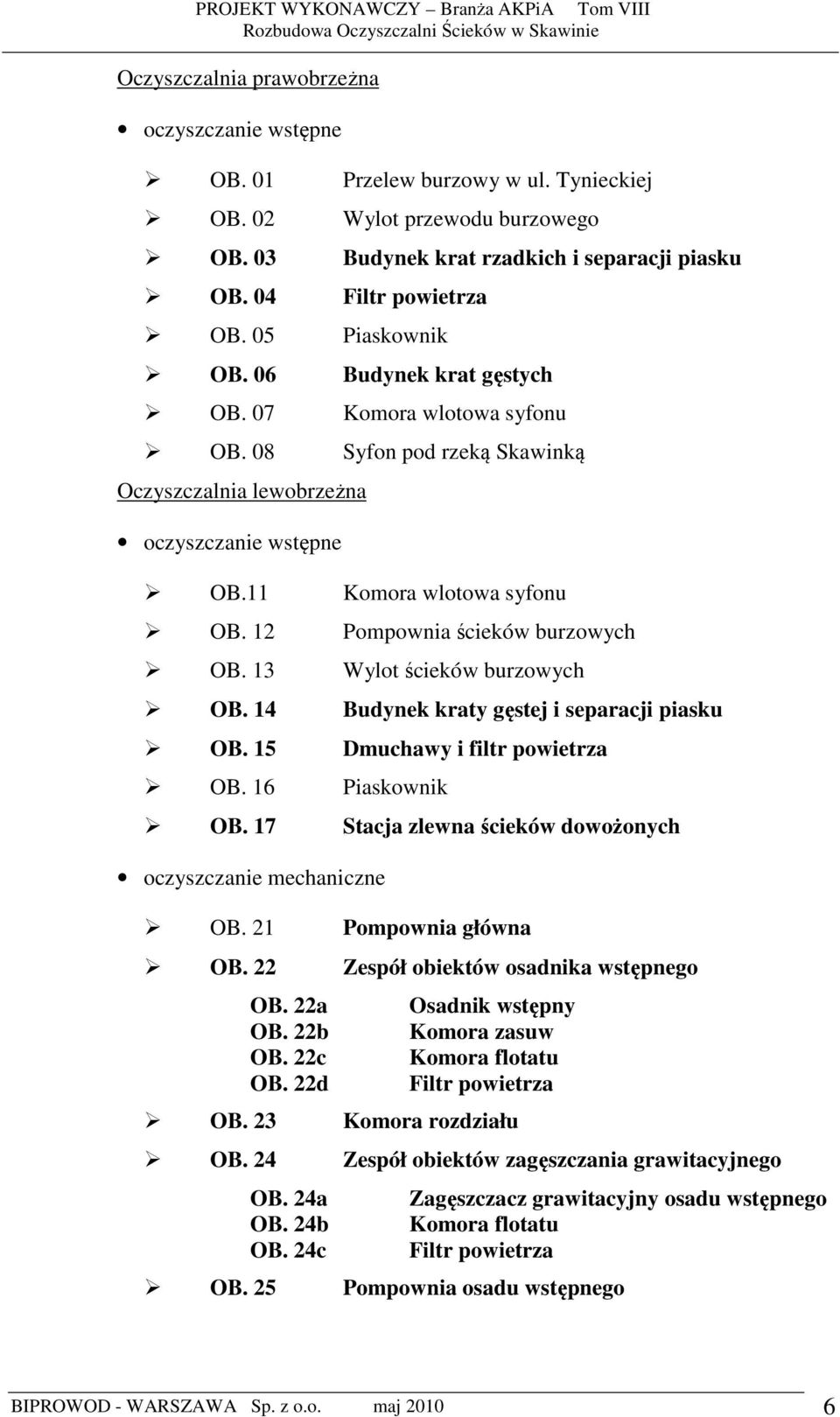 12 Pompownia ścieków burzowych OB. 13 Wylot ścieków burzowych OB. 14 Budynek kraty gęstej i separacji piasku OB. 15 Dmuchawy i filtr powietrza OB. 16 Piaskownik OB.