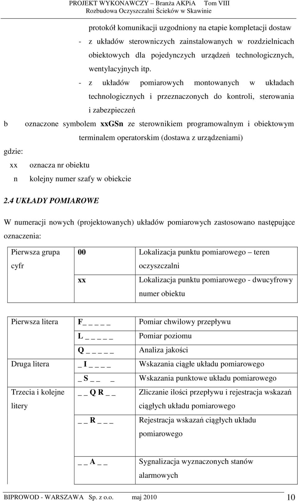 terminalem operatorskim (dostawa z urządzeniami) gdzie: xx oznacza nr obiektu n kolejny numer szafy w obiekcie 2.