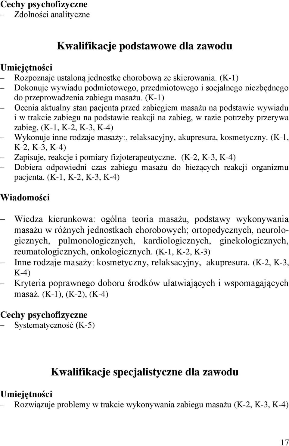 (K-1) Ocenia aktualny stan pacjenta przed zabiegiem masażu na podstawie wywiadu i w trakcie zabiegu na podstawie reakcji na zabieg, w razie potrzeby przerywa zabieg, (K-1, K-2, K-3, K-4) Wykonuje