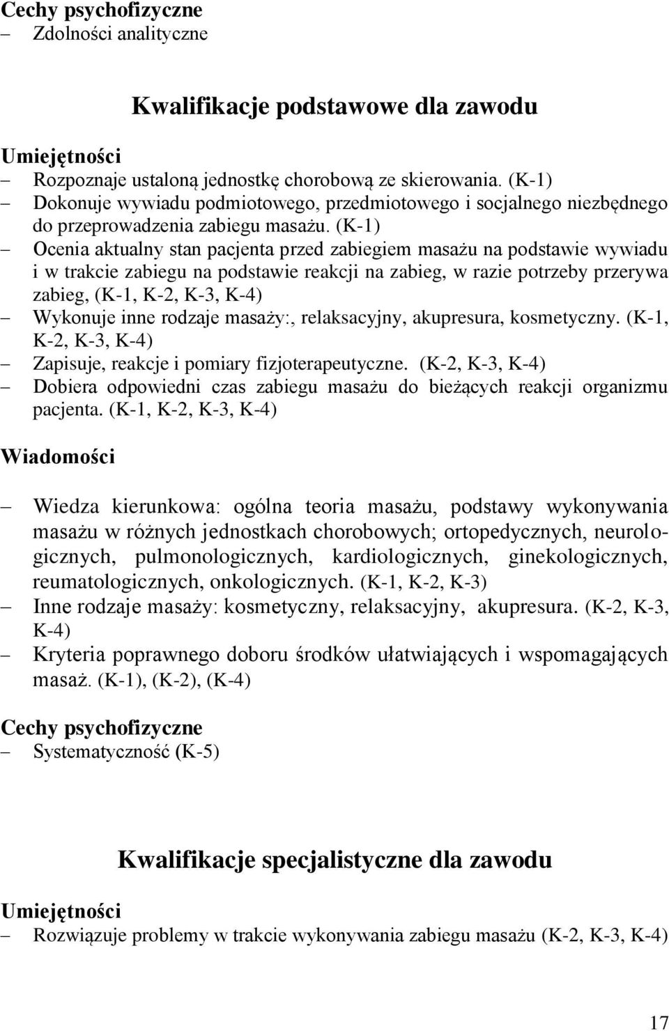 (K-1) Ocenia aktualny stan pacjenta przed zabiegiem masażu na podstawie wywiadu i w trakcie zabiegu na podstawie reakcji na zabieg, w razie potrzeby przerywa zabieg, (K-1, K-2, K-3, K-4) Wykonuje