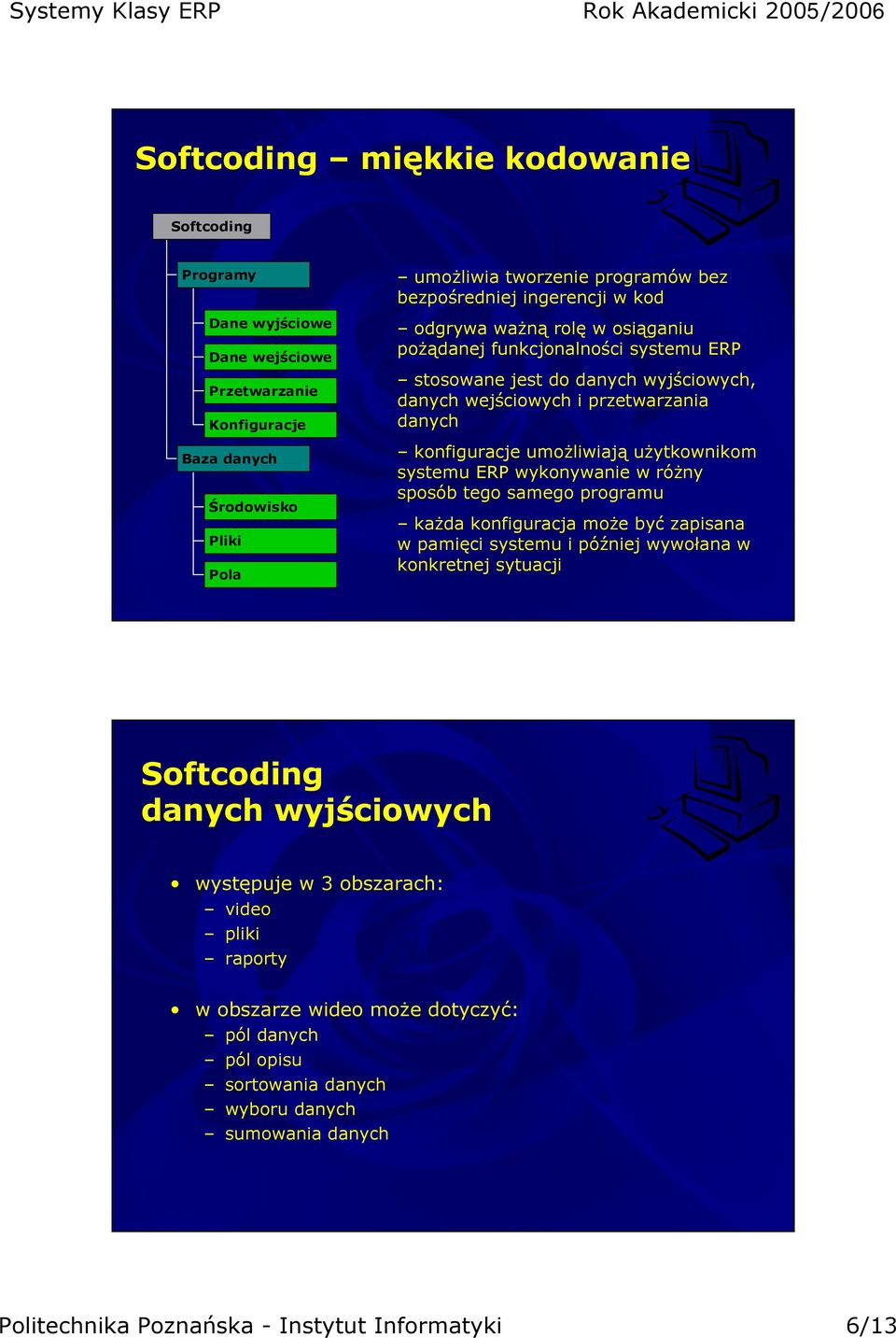 użytkownikom systemu ERP wykonywanie w różny sposób tego samego programu każda konfiguracja może być zapisana w pamięci systemu i później wywołana w konkretnej sytuacji Softcoding danych