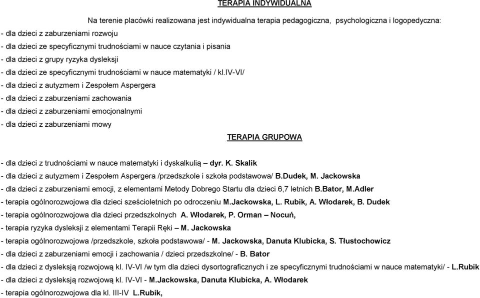 iv-vi/ - dla dzieci z autyzmem i Zespołem Aspergera - dla dzieci z zaburzeniami zachowania - dla dzieci z zaburzeniami emocjonalnymi - dla dzieci z zaburzeniami mowy TERAPIA GRUPOWA - dla dzieci z