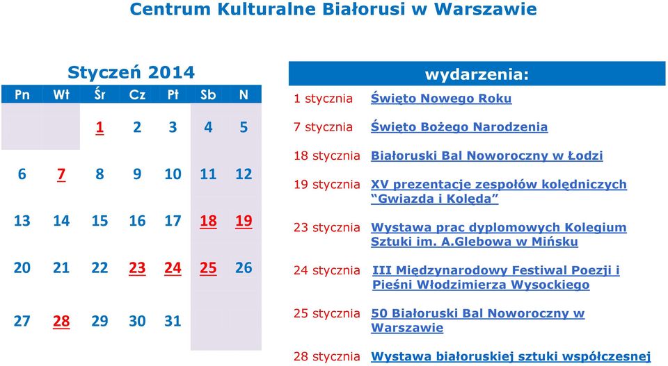 prezentacje zespołów kolędniczych Gwiazda i Kolęda 23 stycznia Wystawa prac dyplomowych Kolegium Sztuki im. A.