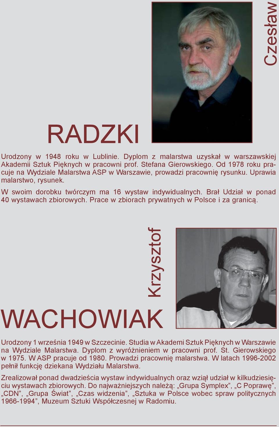 Brał Udział w ponad 40 wystawach zbiorowych. Prace w zbiorach prywatnych w Polsce i za granicą. Krzysztof WACHOWIAK Urodzony 1 września 1949 w Szczecinie.