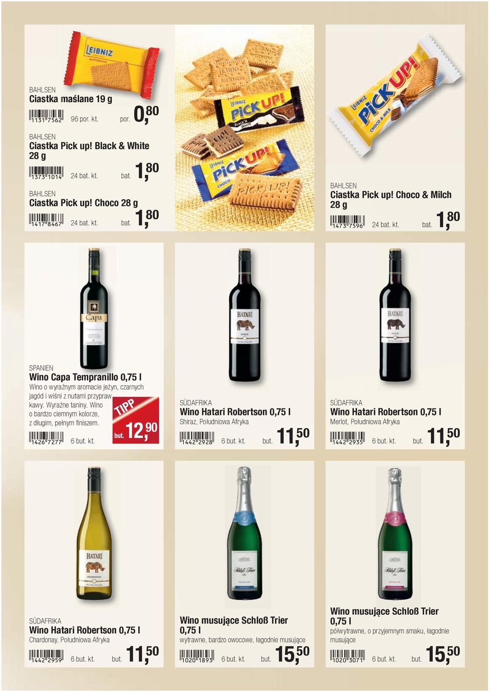Wino o bardzo ciemnym kolorze, z długim, pełnym fi niszem.!1426-hchh! 6 but. kt. but. 12, 90 SÜDAFRIKA Wino Hatari Robertson 0,75 l Shiraz, Południowa Afryka!1442-cjci! 6 but. kt. but. 11, 50 SÜDAFRIKA Wino Hatari Robertson 0,75 l Merlot, Południowa Afryka!