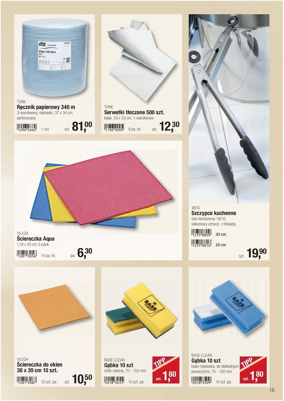 1235-iiaj! 30 cm!1235-iibg! 24 cm szt. 19, 90 VILEDA Ściereczka do okien 36 x 39 cm 10 szt.!1281-daih! 10 szt. pa. szt. 10, 50 BASE CLEAN Gąbka 10 szt.