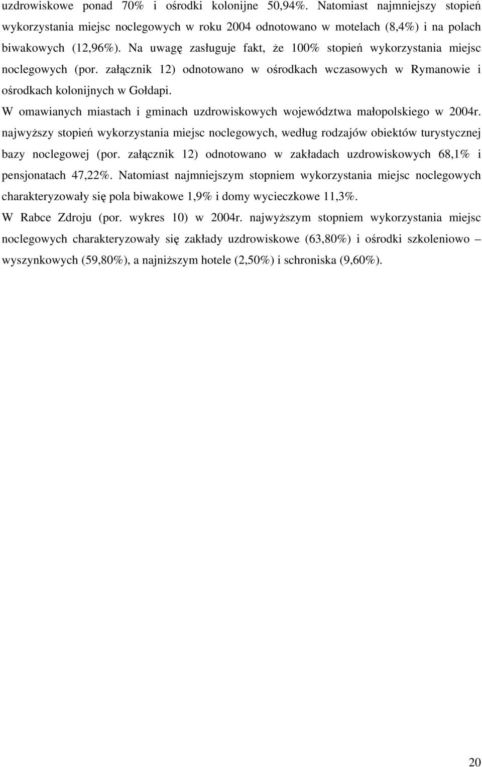 W omawianych miastach i gminach uzdrowiskowych województwa małopolskiego w 2004r. najwyższy stopień wykorzystania miejsc noclegowych, według rodzajów obiektów turystycznej bazy noclegowej (por.