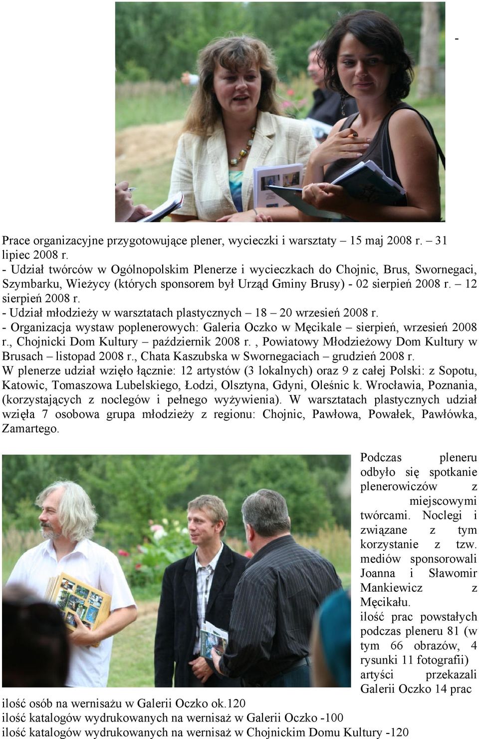- Udział młodzieży w warsztatach plastycznych 18 20 wrzesień 2008 r. - Organizacja wystaw poplenerowych: Galeria Oczko w Męcikale sierpień, wrzesień 2008 r., Chojnicki Dom Kultury październik 2008 r.