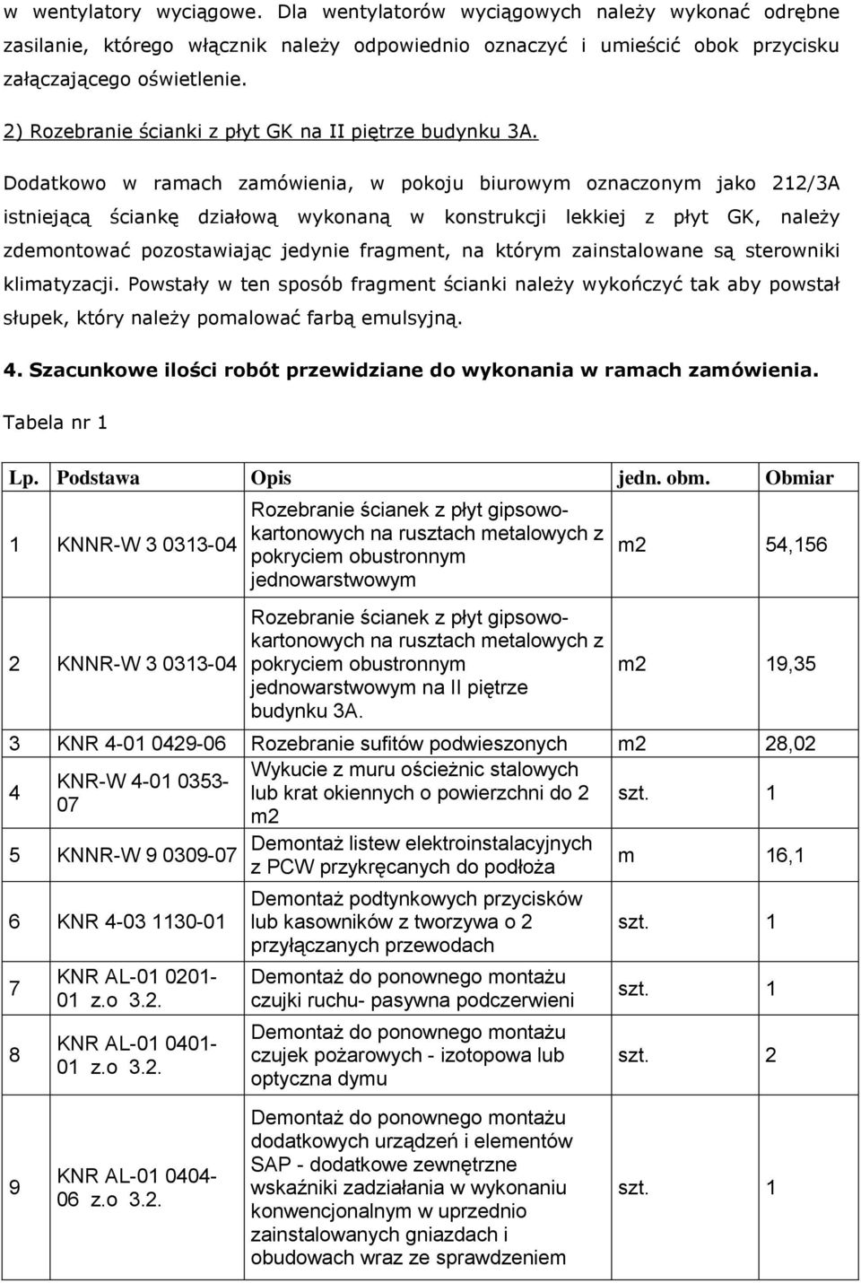 Dodatkowo w ramach zamówienia, w pokoju biurowym oznaczonym jako 212/3A istniejącą ściankę działową wykonaną w konstrukcji lekkiej z płyt GK, należy zdemontować pozostawiając jedynie fragment, na