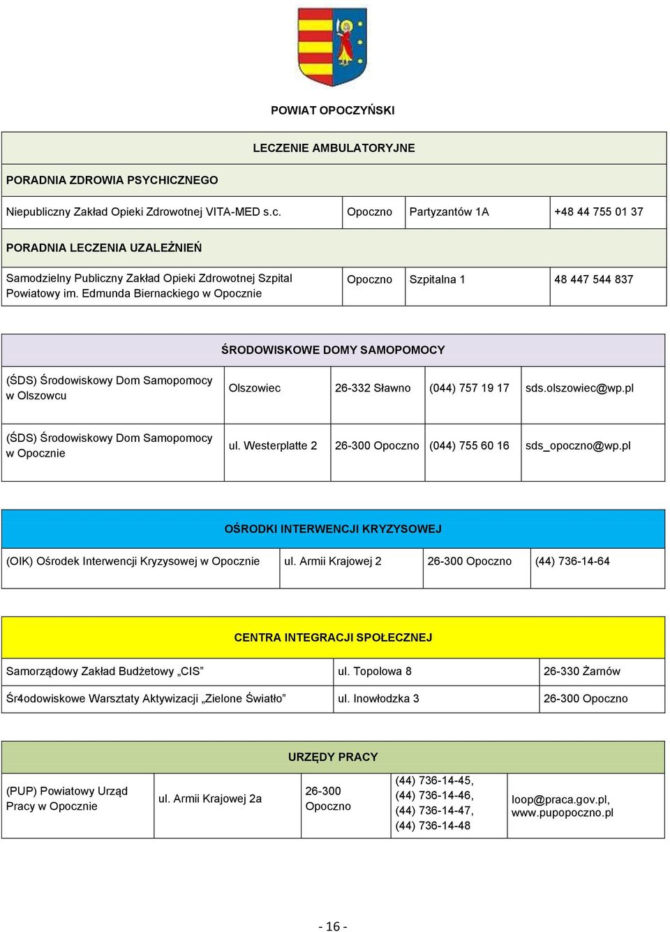 Edmunda Biernackiego w Opocznie Opoczno Szpitalna 1 48 447 544 837 ŚRODOWISKOWE DOMY SAMOPOMOCY Samopomocy w Olszowcu Olszowiec 26-332 Sławno (044) 757 19 17 sds.olszowiec@wp.