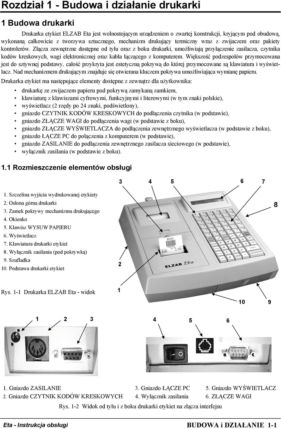 Złącza zewnętrzne dostępne od tyłu oraz z boku drukarki, umożliwiają przyłączenie zasilacza, czytnika kodów kreskowych, wagi elektronicznej oraz kabla łączącego z komputerem.