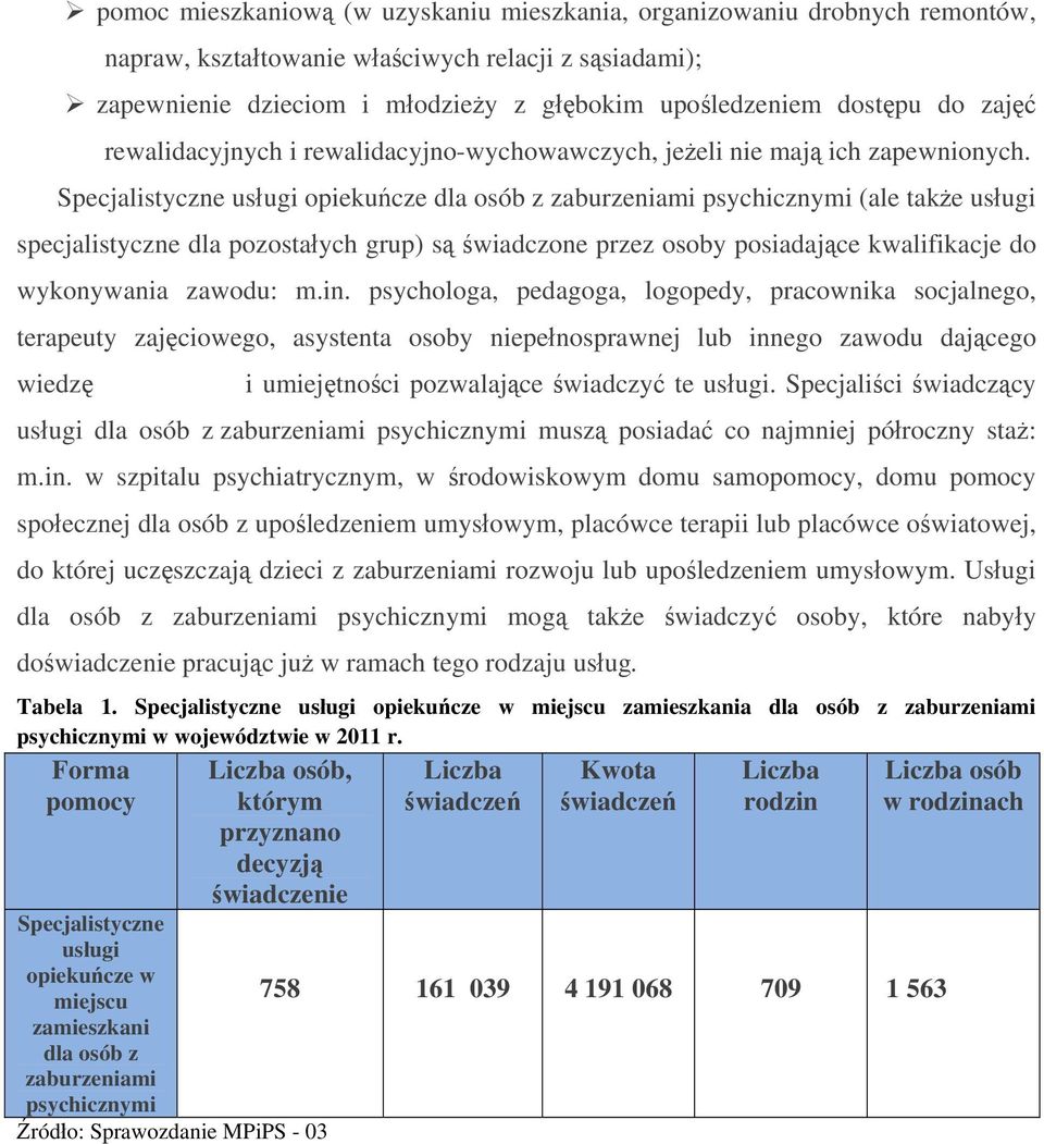Specjalistyczne usługi opiekuńcze dla osób z zaburzeniami psychicznymi (ale także usługi specjalistyczne dla pozostałych grup) są świadczone przez osoby posiadające kwalifikacje do wykonywania