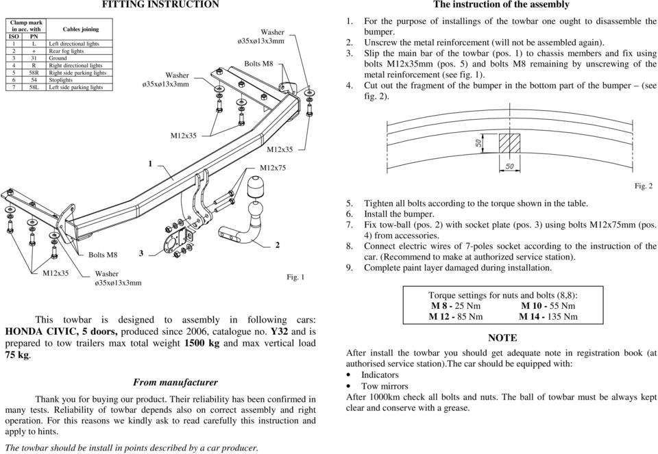 FITTING INSTRUCTION Washer Washer Bolts M8 The instruction of the assembly 1. For the purpose of installings of the towbar one ought to disassemble the bumper. 2.