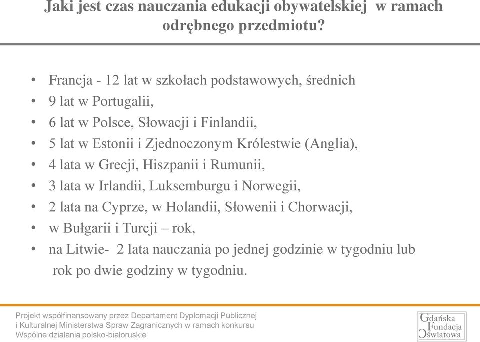 Estonii i Zjednoczonym Królestwie (Anglia), 4 lata w Grecji, Hiszpanii i Rumunii, 3 lata w Irlandii, Luksemburgu i