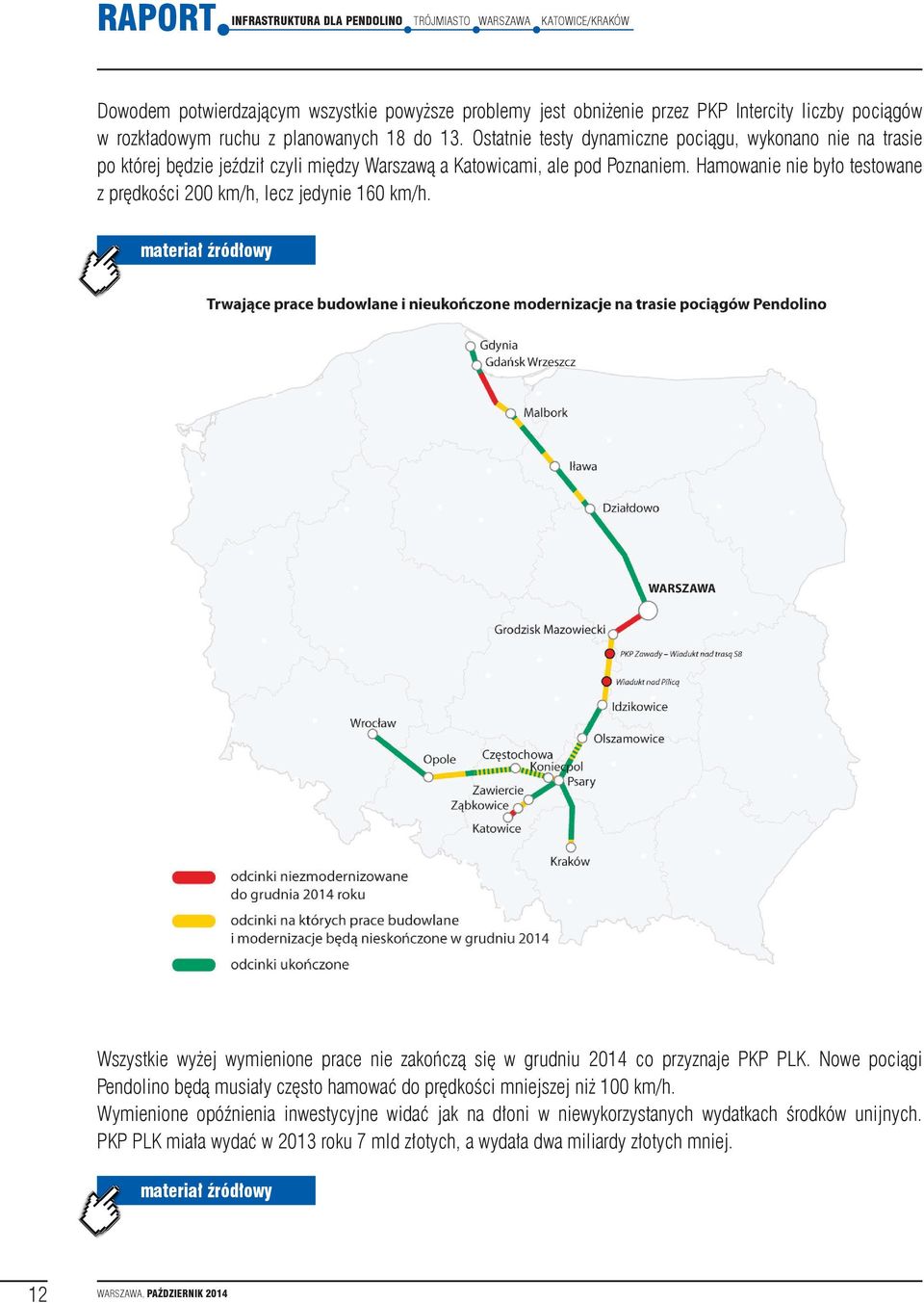 Hamowanie nie było testowane z prędkości 200 km/h, lecz jedynie 160 km/h. materiał źródłowy Wszystkie wyżej wymienione prace nie zakończą się w grudniu 2014 co przyznaje PKP PLK.