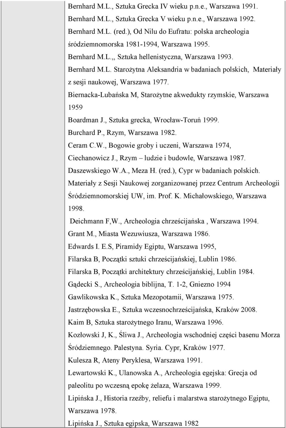 Biernacka-Lubańska M, Starożytne akwedukty rzymskie, Warszawa 1959 Boardman J., Sztuka grecka, Wrocław-Toruń 1999. Burchard P., Rzym, Warszawa 1982. Ceram C.W., Bogowie groby i uczeni, Warszawa 1974, Ciechanowicz J.