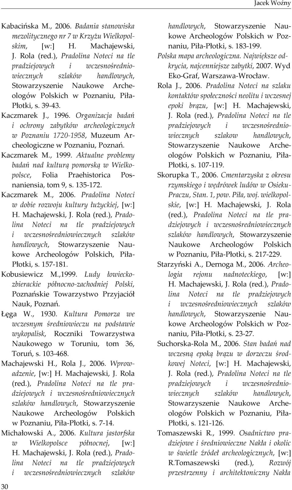 Aktualne problemy badań nad kulturą pomorską w Wielkopolsce, Folia Praehistorica Posnaniensia, tom 9, s. 135-172. Kaczmarek M., 2006. Pradolina Noteci w dobie rozwoju kultury łużyckiej, [w:] H.