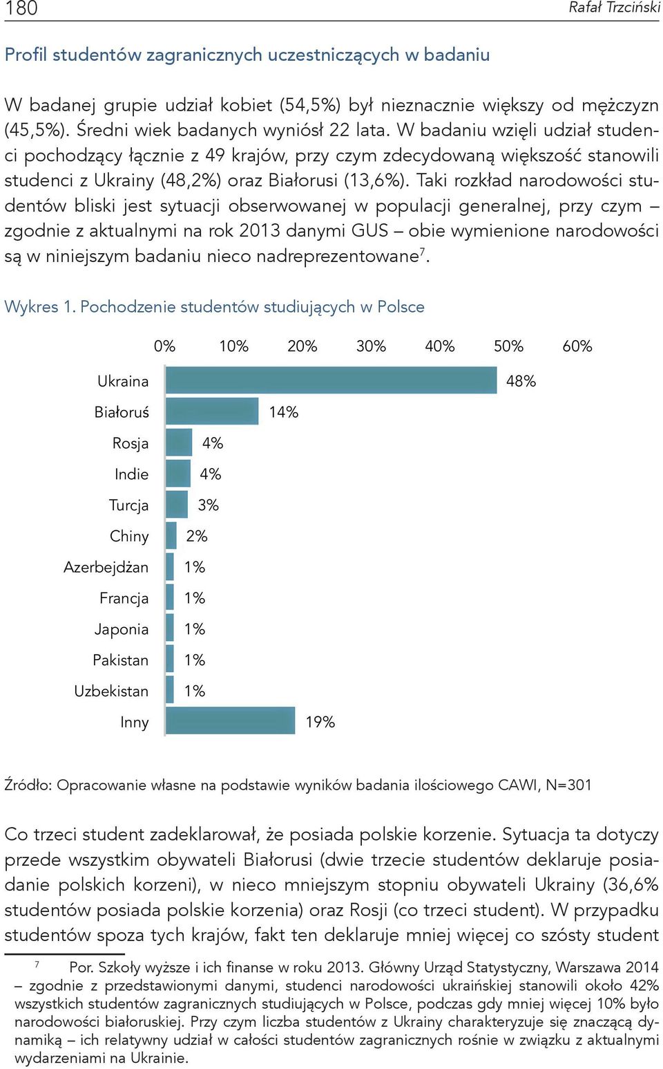 Taki rozkład narodowości studentów bliski jest sytuacji obserwowanej w populacji generalnej, przy czym zgodnie z aktualnymi na rok 2013 danymi GUS obie wymienione narodowości są w niniejszym badaniu