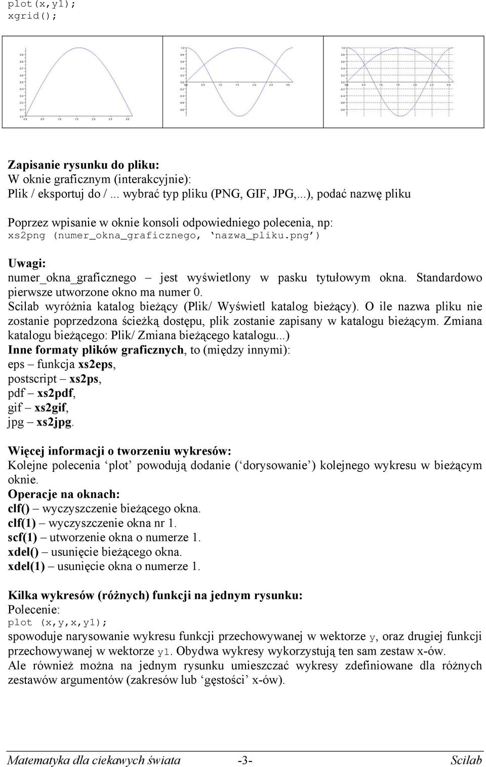 png ) Uwagi: numer_okna_graficznego jest wyświetlony w pasku tytułowym okna. Standardowo pierwsze utworzone okno ma numer 0. Scilab wyróżnia katalog bieżący (Plik/ Wyświetl katalog bieżący).