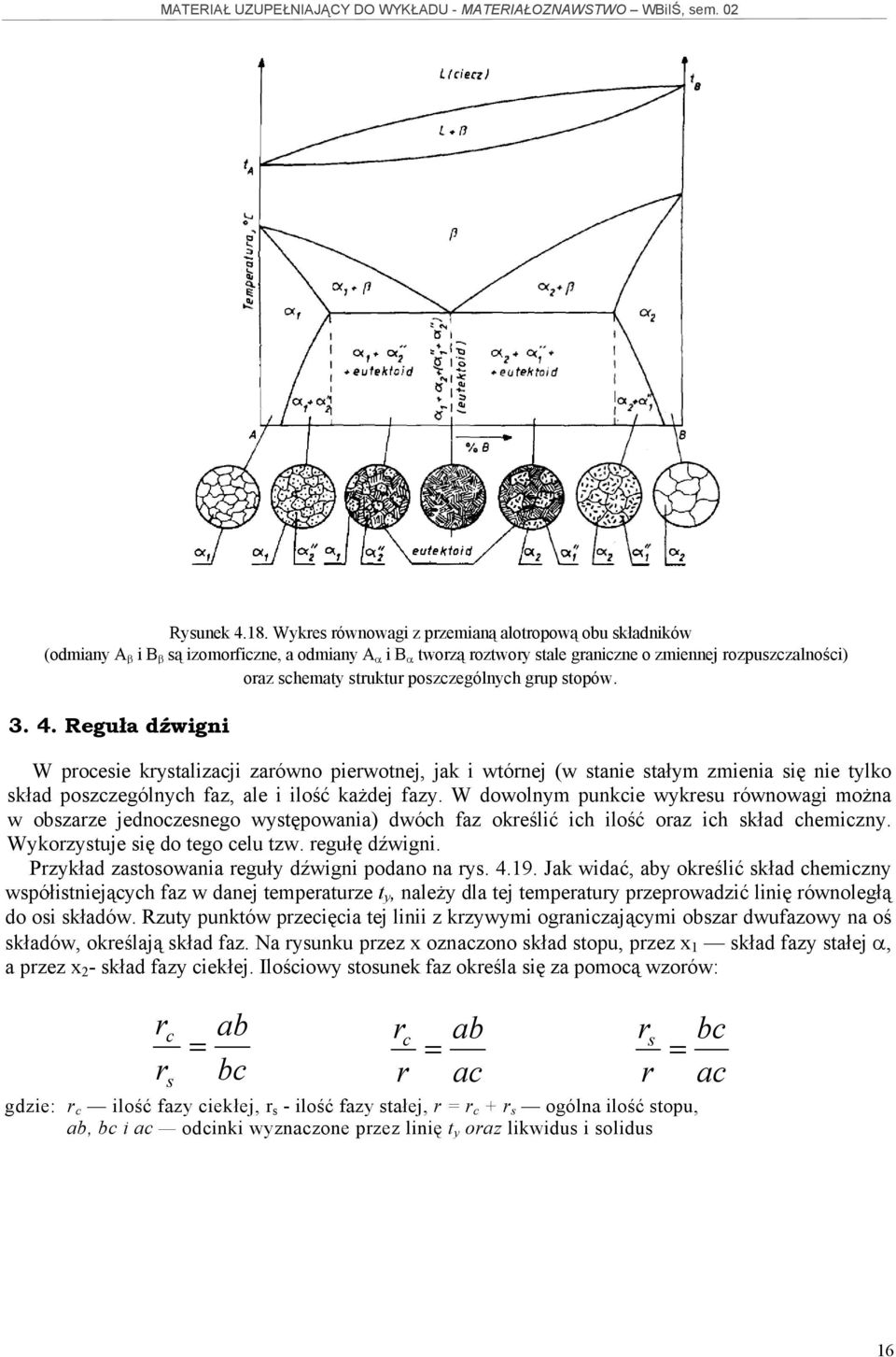 poszczególnych grup stopów. 3. 4. Reguła dźwigni W procesie krystalizacji zarówno pierwotnej, jak i wtórnej (w stanie stałym zmienia się nie tylko skład poszczególnych faz, ale i ilość każdej fazy.