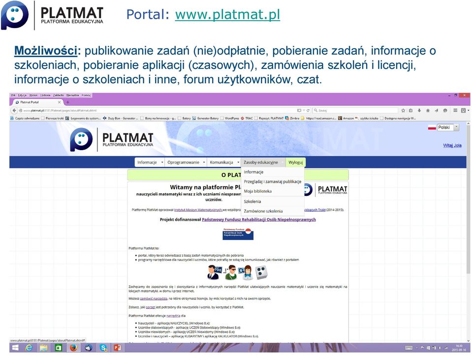 informacje o szkoleniach, pobieranie aplikacji (czasowych), zamówienia