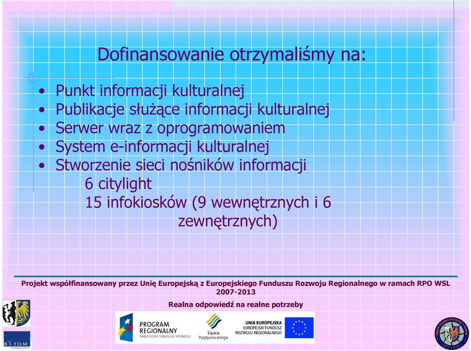 citylight 15 infokiosków (9 wewnętrznych i 6 zewnętrznych) Projekt współfinansowany przez Unię