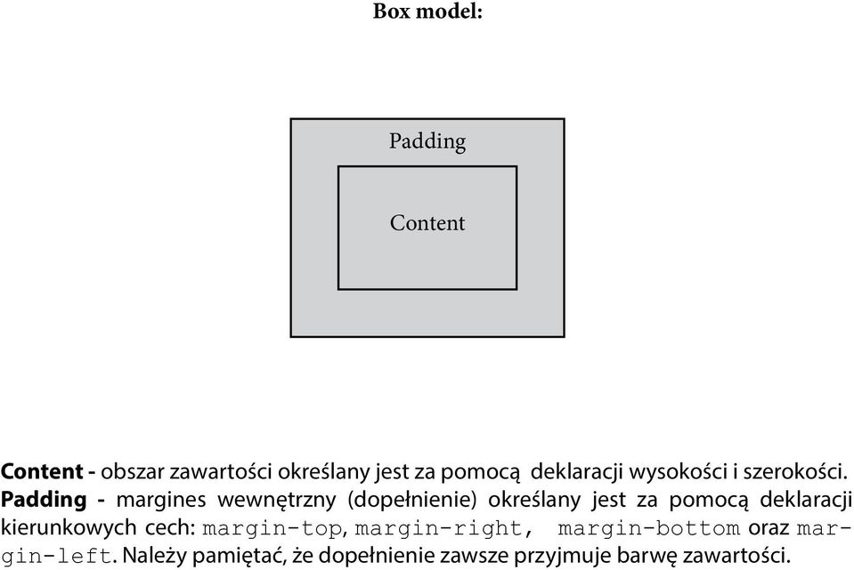 Padding - margines wewnętrzny (dopełnienie) określany jest za pomocą deklaracji