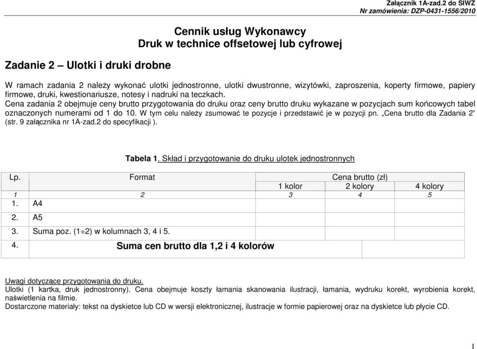 Cena zadania 2 obejmuje ceny brutto przygotowania do druku oraz ceny brutto druku wykazane w pozycjach sum końcowych tabel oznaczonych numerami od 1 do 10.